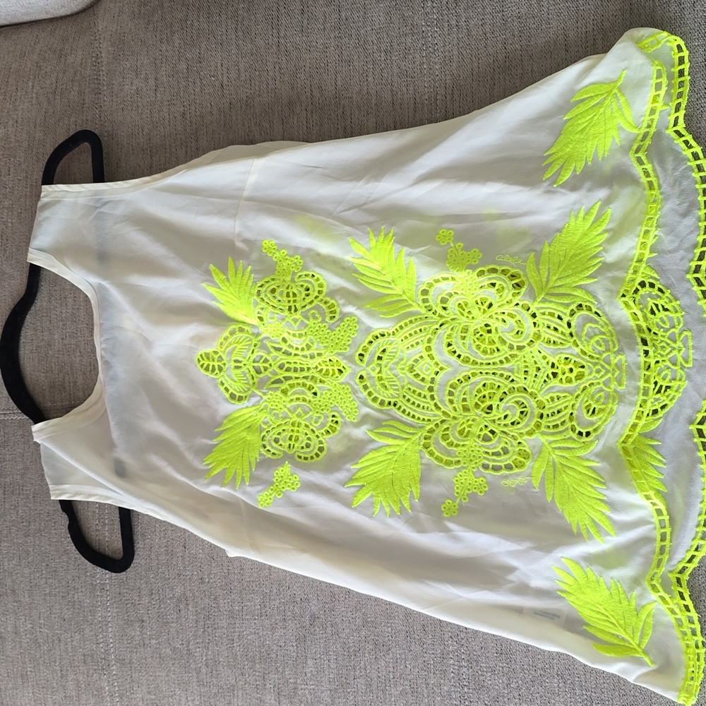 Ivory Chiffon Sleeveless Blouse with Neon Yellow Embroidery. SZ large
